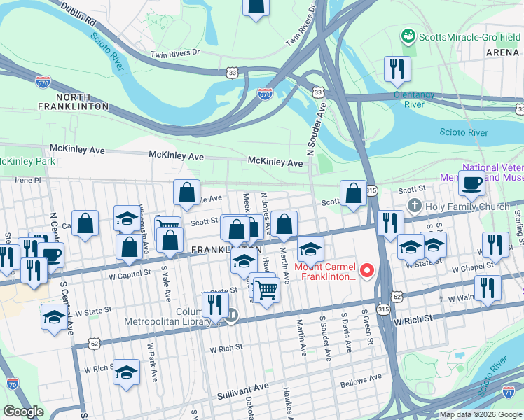 map of restaurants, bars, coffee shops, grocery stores, and more near 40 Meek Avenue in Columbus