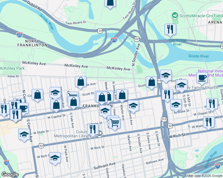 map of restaurants, bars, coffee shops, grocery stores, and more near 40 Meek Avenue in Columbus