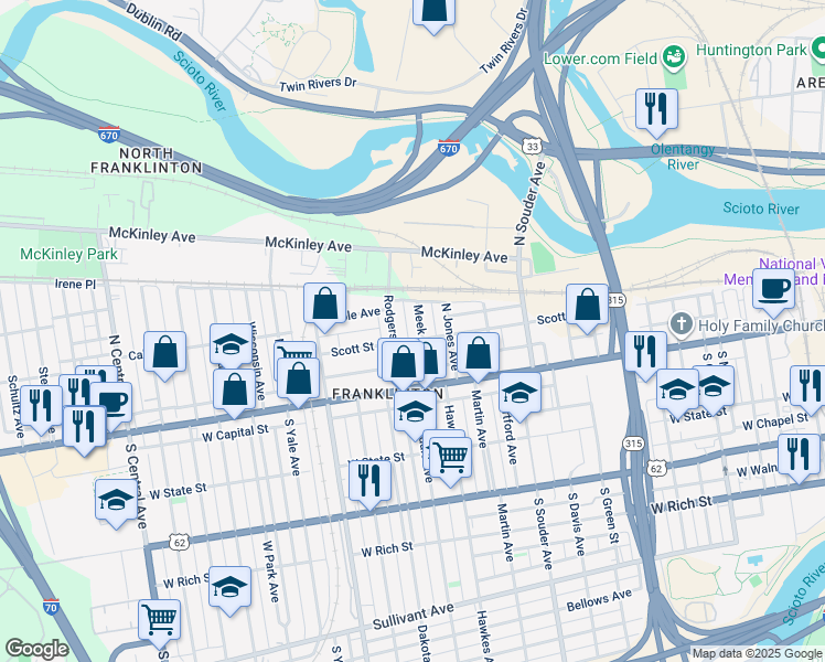 map of restaurants, bars, coffee shops, grocery stores, and more near 40 Meek Avenue in Columbus