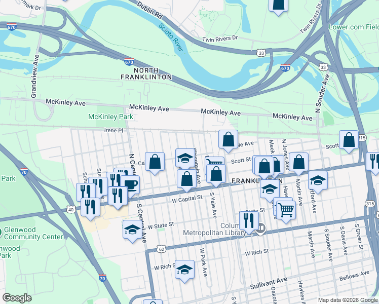 map of restaurants, bars, coffee shops, grocery stores, and more near 70 Chicago Avenue in Columbus