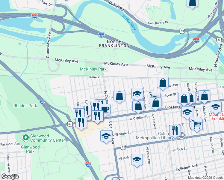 map of restaurants, bars, coffee shops, grocery stores, and more near 108 North Central Avenue in Columbus