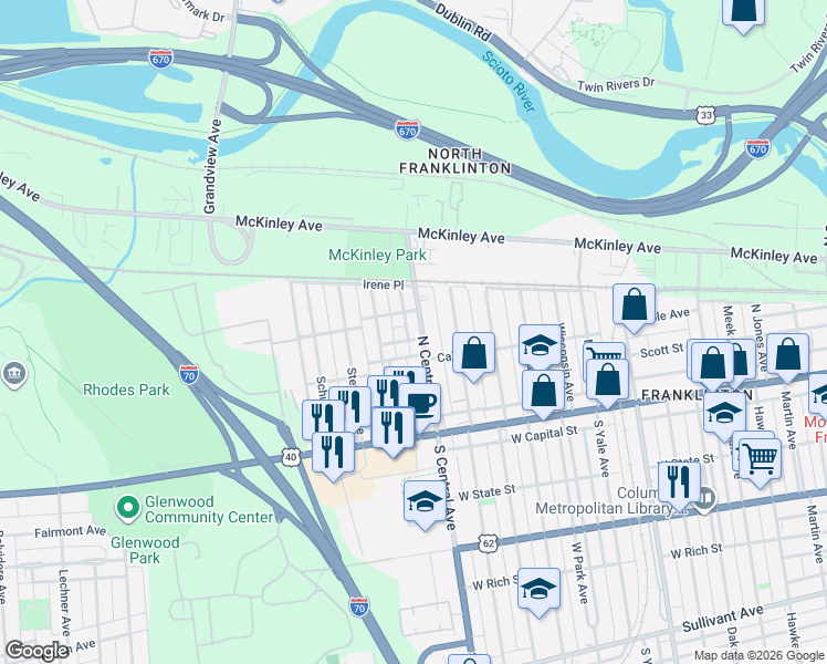 map of restaurants, bars, coffee shops, grocery stores, and more near 108 North Central Avenue in Columbus