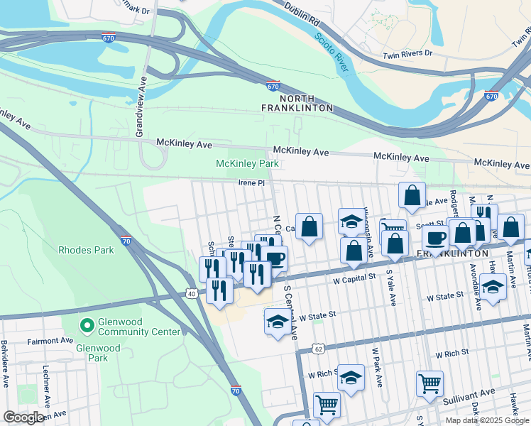 map of restaurants, bars, coffee shops, grocery stores, and more near 112 North Guilford Avenue in Columbus