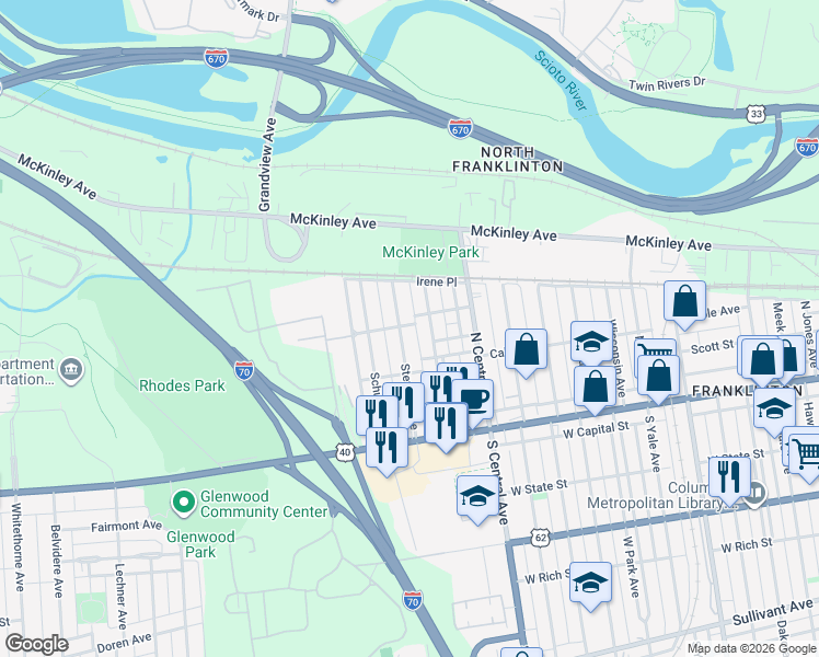 map of restaurants, bars, coffee shops, grocery stores, and more near 126 Stevens Avenue in Columbus