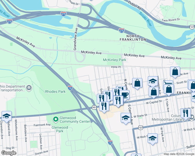 map of restaurants, bars, coffee shops, grocery stores, and more near 133 Schultz Avenue in Columbus