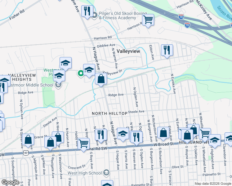 map of restaurants, bars, coffee shops, grocery stores, and more near 2735 Ridge Avenue in Columbus