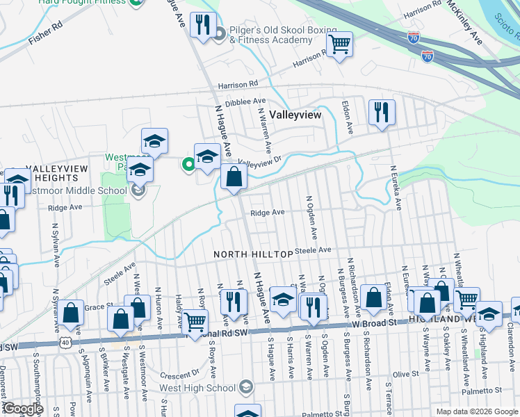 map of restaurants, bars, coffee shops, grocery stores, and more near 2735 Ridge Avenue in Columbus