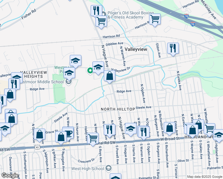 map of restaurants, bars, coffee shops, grocery stores, and more near 2795 Ridge Avenue in Columbus