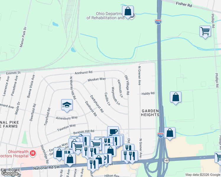 map of restaurants, bars, coffee shops, grocery stores, and more near 374 Carilla Lane in Columbus