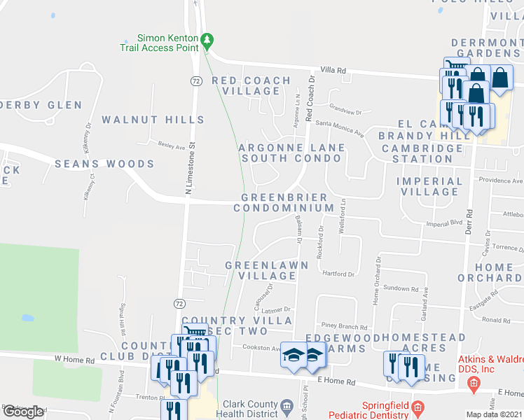 map of restaurants, bars, coffee shops, grocery stores, and more near 2825 Rensselaer Street in Springfield