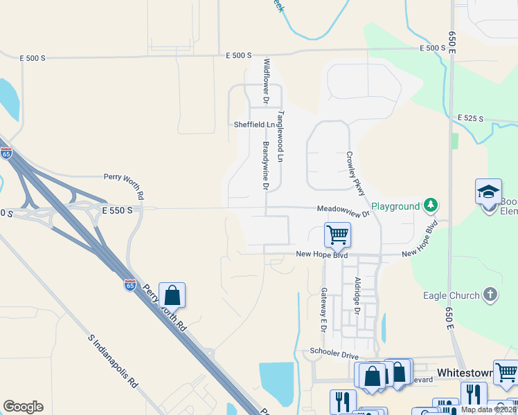 map of restaurants, bars, coffee shops, grocery stores, and more near 5804 Hemlock Drive in Whitestown