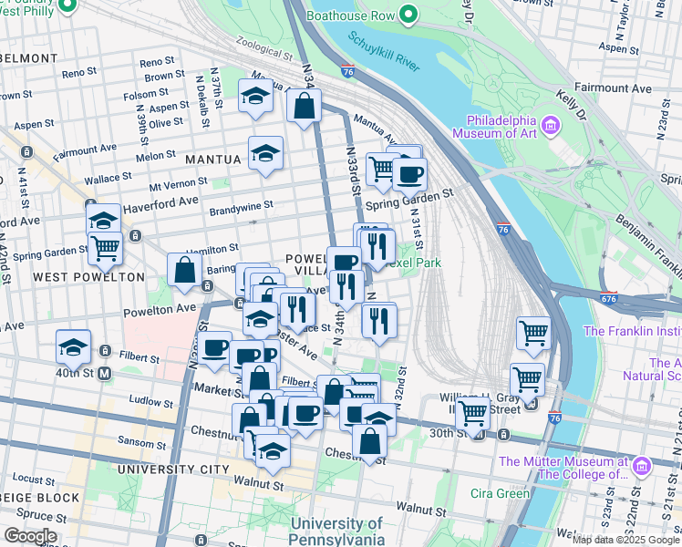 map of restaurants, bars, coffee shops, grocery stores, and more near 309 North 34th Street in Philadelphia