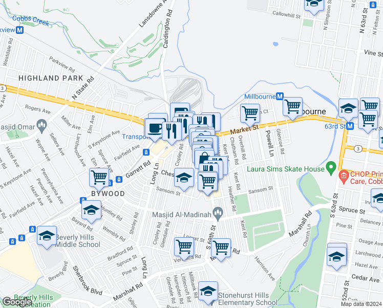map of restaurants, bars, coffee shops, grocery stores, and more near 32 Hampden Road in Upper Darby