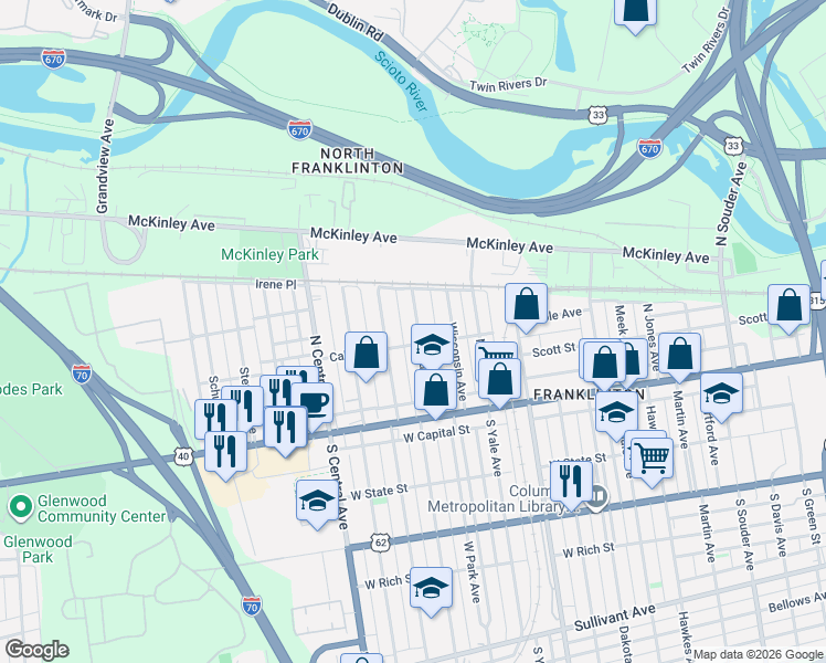 map of restaurants, bars, coffee shops, grocery stores, and more near 90 North Princeton Avenue in Columbus