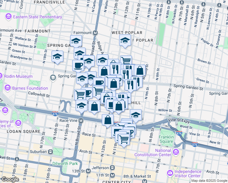 map of restaurants, bars, coffee shops, grocery stores, and more near 428-38 North 11th Street in Philadelphia