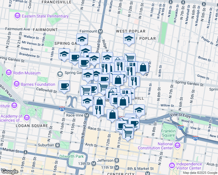 map of restaurants, bars, coffee shops, grocery stores, and more near 1221 Noble Street in Philadelphia
