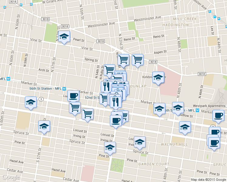 map of restaurants, bars, coffee shops, grocery stores, and more near 21 North Lindenwood Street in Philadelphia