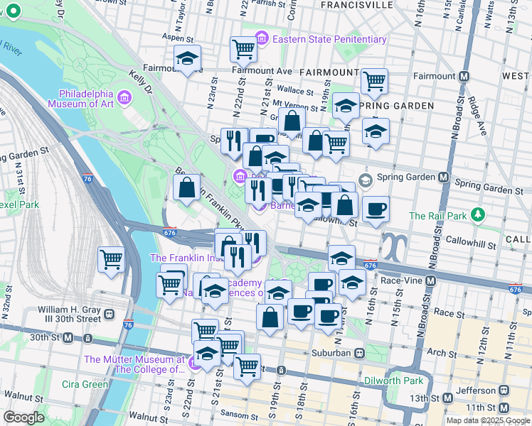 map of restaurants, bars, coffee shops, grocery stores, and more near 2025 Benjamin Franklin Parkway in Philadelphia
