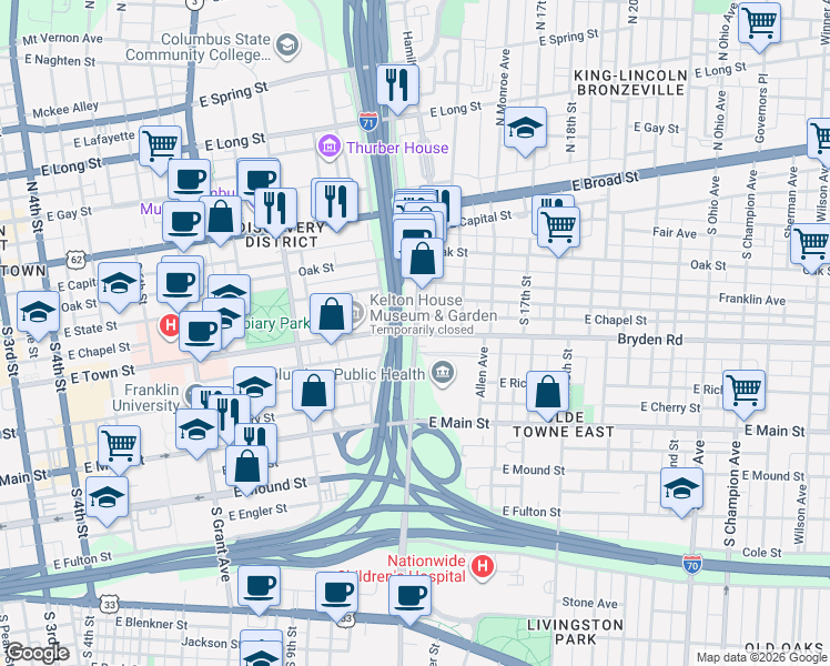 map of restaurants, bars, coffee shops, grocery stores, and more near Parsons Avenue & Bryden Road in Columbus
