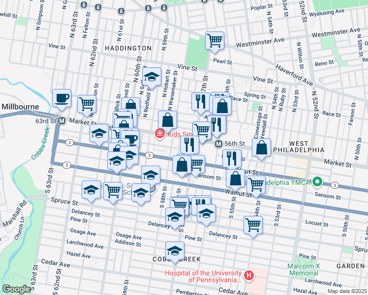 map of restaurants, bars, coffee shops, grocery stores, and more near 5729 Ludlow Street in Philadelphia