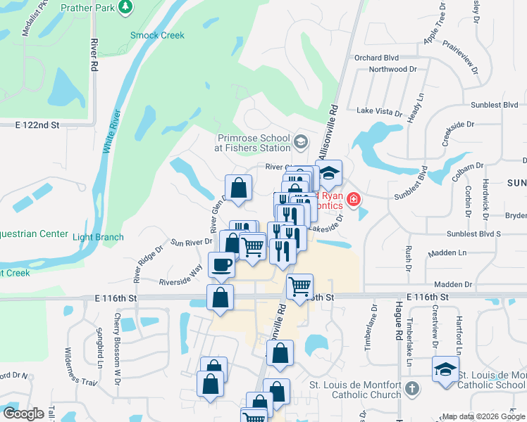 map of restaurants, bars, coffee shops, grocery stores, and more near 7318 Crossing Place in Fishers