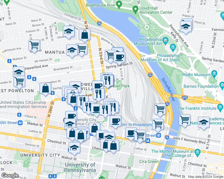 map of restaurants, bars, coffee shops, grocery stores, and more near 3217 Powelton Avenue in Philadelphia