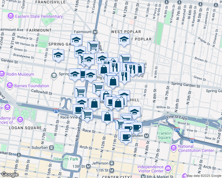 map of restaurants, bars, coffee shops, grocery stores, and more near 428 North 11th Street in Philadelphia