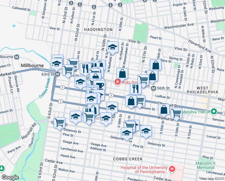 map of restaurants, bars, coffee shops, grocery stores, and more near 31 South 59th Street in Philadelphia