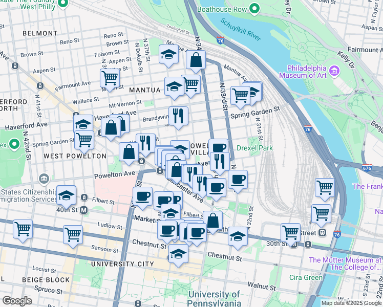 map of restaurants, bars, coffee shops, grocery stores, and more near 306 North 35th Street in Philadelphia