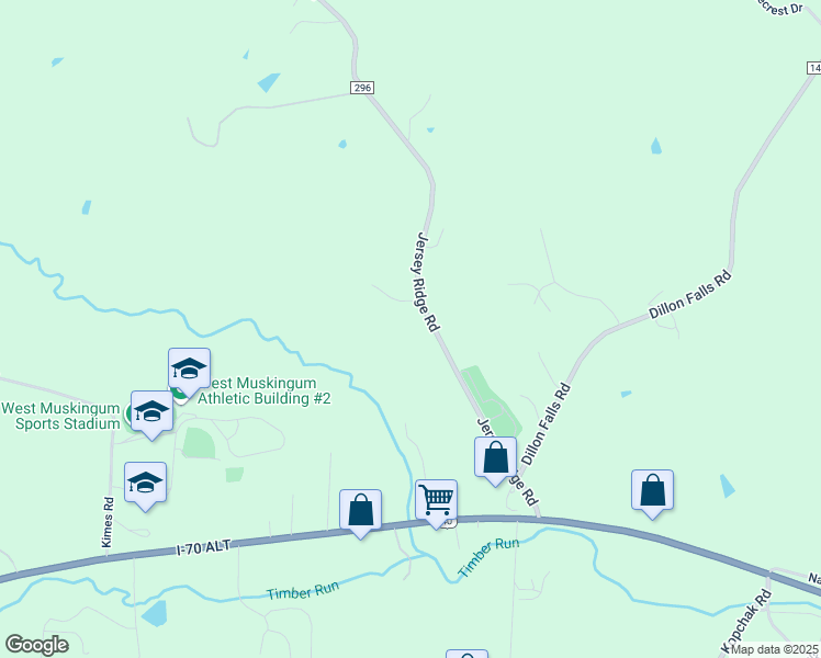 map of restaurants, bars, coffee shops, grocery stores, and more near 525 Jersey Ridge Road in Zanesville