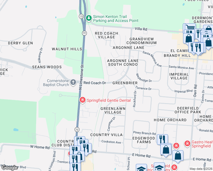 map of restaurants, bars, coffee shops, grocery stores, and more near 2825 Rensselaer Street in Springfield