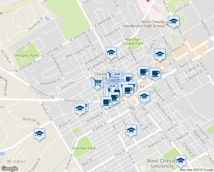 map of restaurants, bars, coffee shops, grocery stores, and more near 125 West Chestnut Street in West Chester