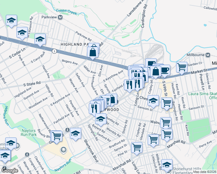 map of restaurants, bars, coffee shops, grocery stores, and more near 500 Spruce Avenue in Delaware County