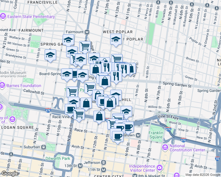 map of restaurants, bars, coffee shops, grocery stores, and more near 428-38 North 11th Street in Philadelphia
