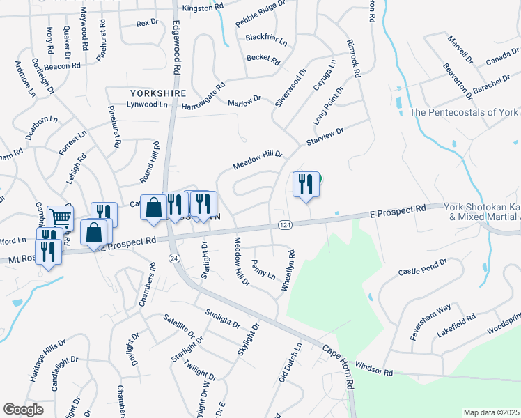 map of restaurants, bars, coffee shops, grocery stores, and more near 210 Knob Creek Lane in York