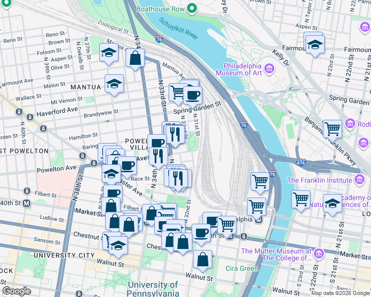 map of restaurants, bars, coffee shops, grocery stores, and more near 3201 Powelton Avenue in Philadelphia