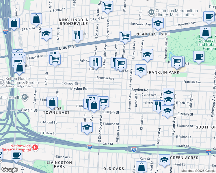 map of restaurants, bars, coffee shops, grocery stores, and more near 1191 Bryden Road in Columbus