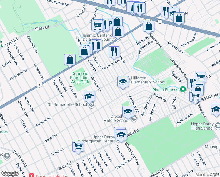 map of restaurants, bars, coffee shops, grocery stores, and more near 1032 Bryan Street in Drexel Hill