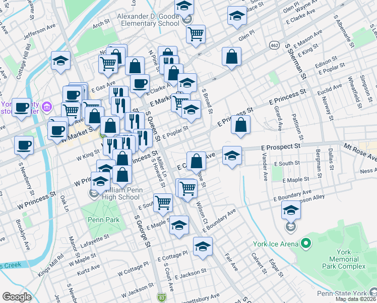 map of restaurants, bars, coffee shops, grocery stores, and more near in York