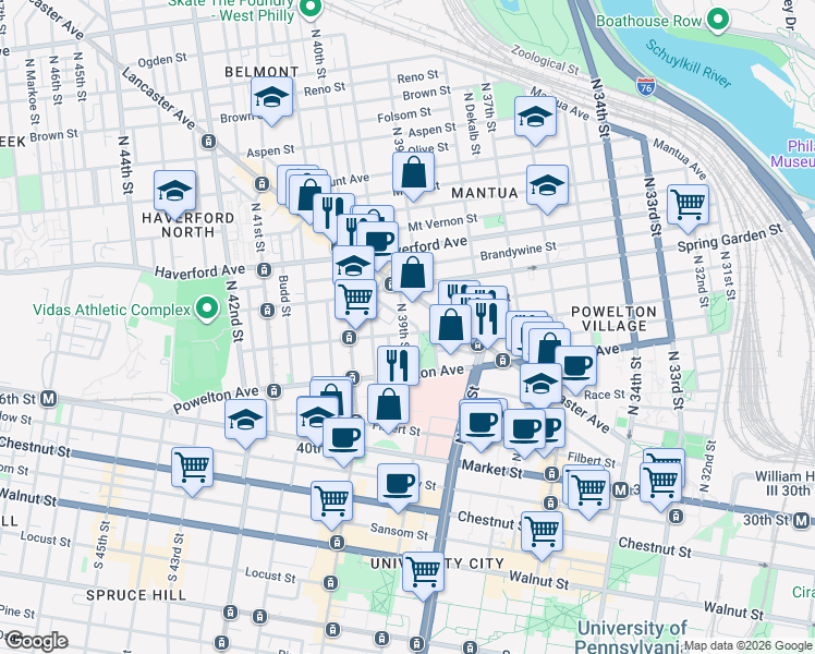 map of restaurants, bars, coffee shops, grocery stores, and more near in Philadelphia
