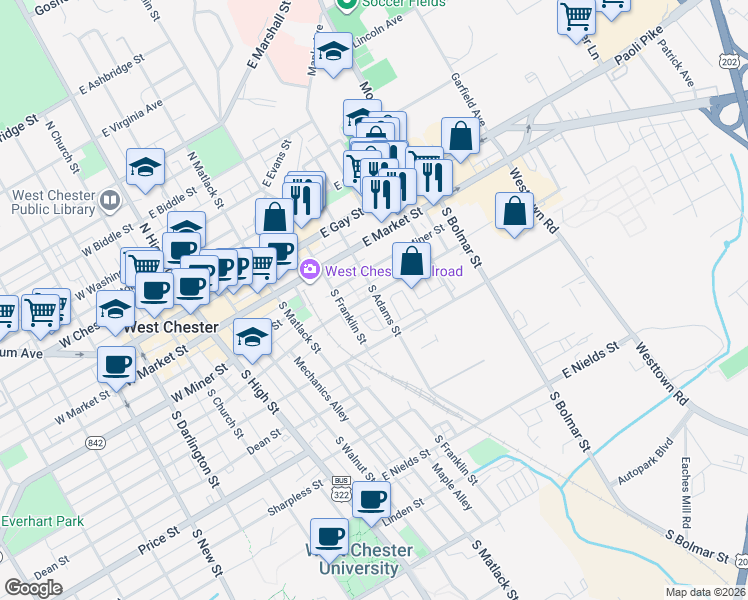 map of restaurants, bars, coffee shops, grocery stores, and more near 413 East Barnard Street in West Chester