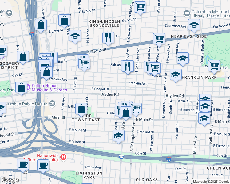 map of restaurants, bars, coffee shops, grocery stores, and more near 1040 Bryden Road in Columbus