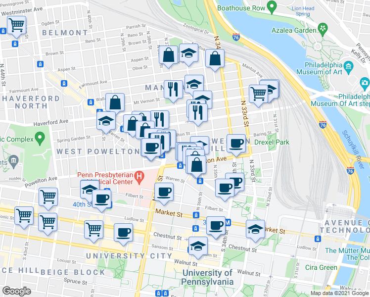map of restaurants, bars, coffee shops, grocery stores, and more near 3624 Baring Street in Philadelphia