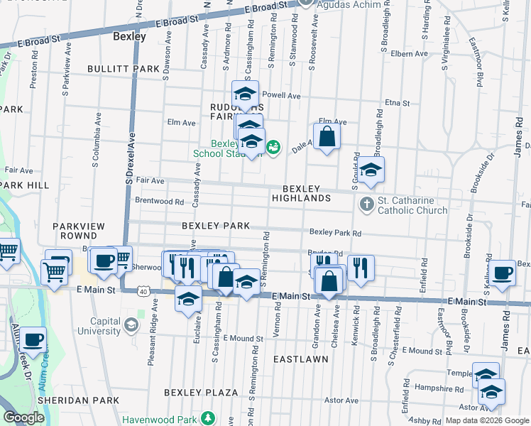 map of restaurants, bars, coffee shops, grocery stores, and more near 2641 Fair Avenue in Columbus