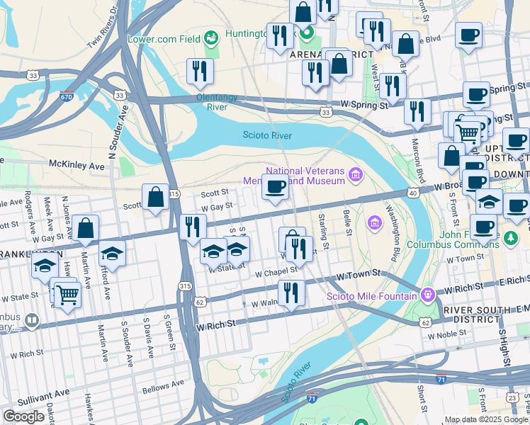 map of restaurants, bars, coffee shops, grocery stores, and more near 450 West Broad Street in Columbus