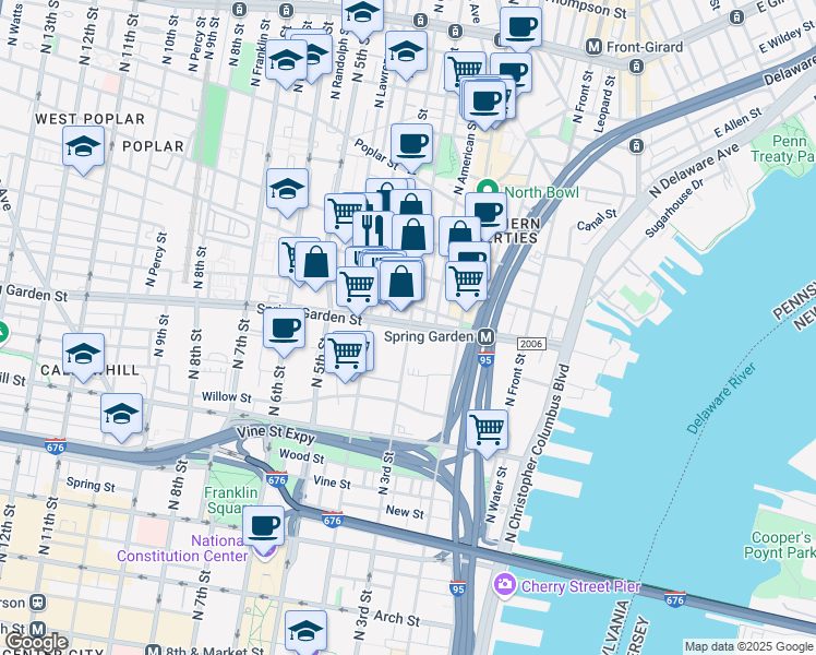 map of restaurants, bars, coffee shops, grocery stores, and more near 300 Spring Garden Street in Philadelphia