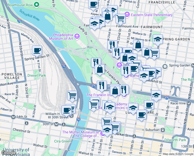 map of restaurants, bars, coffee shops, grocery stores, and more near 2200 Benjamin Franklin Parkway in Philadelphia