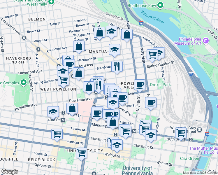 map of restaurants, bars, coffee shops, grocery stores, and more near 3624 Baring Street in Philadelphia