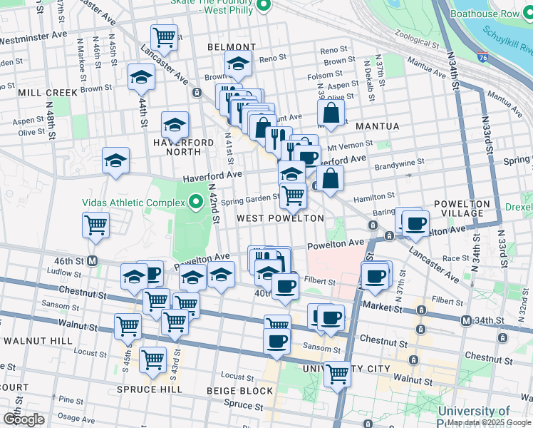 map of restaurants, bars, coffee shops, grocery stores, and more near 4047 Spring Garden Street in Philadelphia