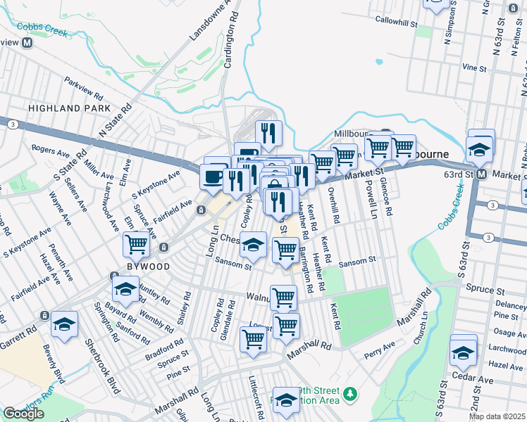 map of restaurants, bars, coffee shops, grocery stores, and more near 30 Hampden Road in Upper Darby